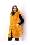 Kadın Kapşonlu Peluş Kürk Yelek Premium Kalite, Tam Astarlı, Uzun Model - Sarı
