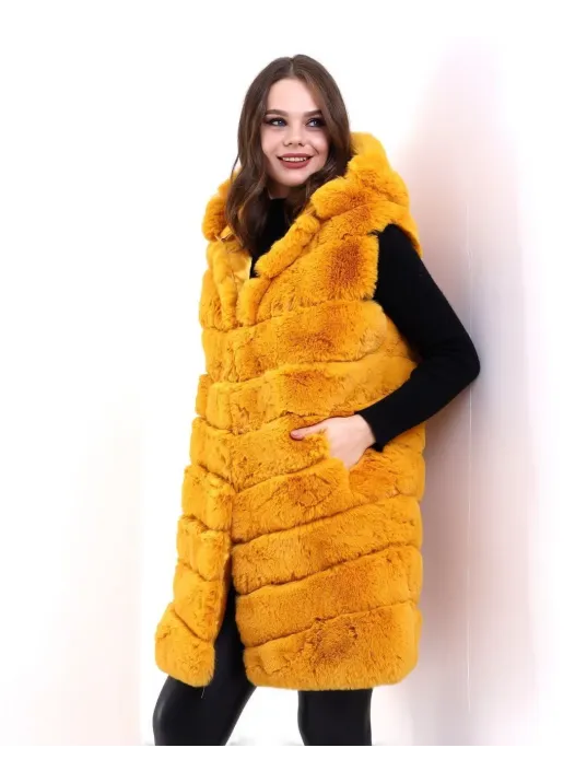 Kadın Kapşonlu Peluş Kürk Yelek Premium Kalite, Tam Astarlı, Uzun Model - Sarı Kadın Kapşonlu Peluş Kürk Yelek Premium Kalite, Tam Astarlı, Uzun Model - Sarı