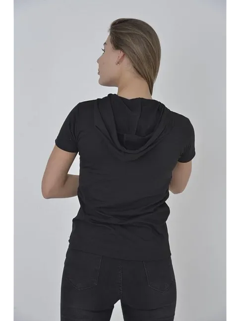 Kadın Kapşonlu Slim Fit T-shirt - Siyah