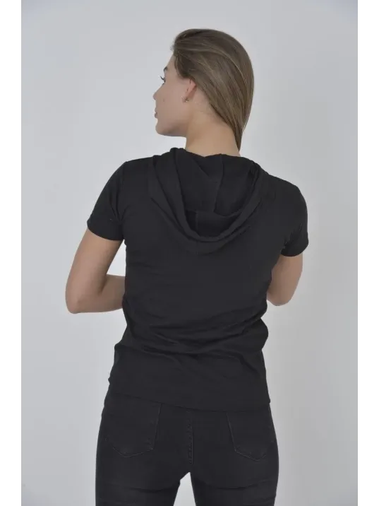 Kadın Kapşonlu Slim Fit T-shirt - Siyah