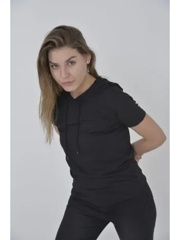 Kadın Kapşonlu Slim Fit T-shirt - Siyah