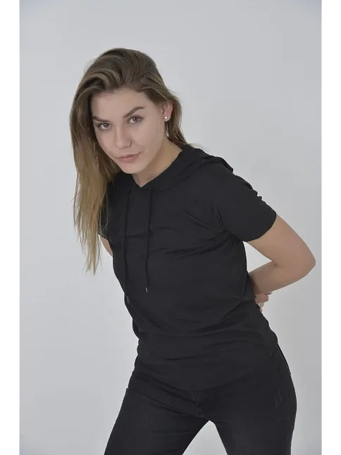 Kadın Kapşonlu Slim Fit T-shirt - Siyah
