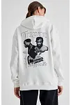 Kadın Kapüşonlu Sırt Baskılı Üç İplik Oversize Sweatshirt - Beyaz