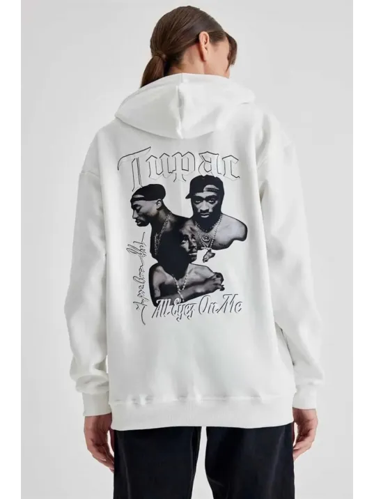 Kadın Kapüşonlu Sırt Baskılı Üç İplik Oversize Sweatshirt - Beyaz Kadın Kapüşonlu Sırt Baskılı Üç İplik Oversize Sweatshirt - Beyaz