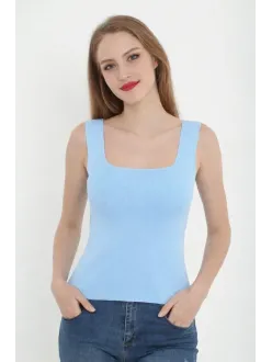 Kadın Kare Yaka Detay Crop - Mavi