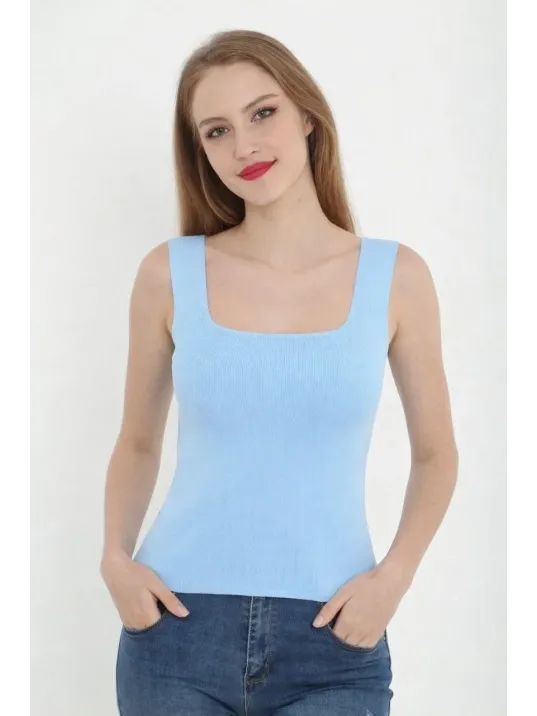 Kadın Kare Yaka Detay Crop - Mavi