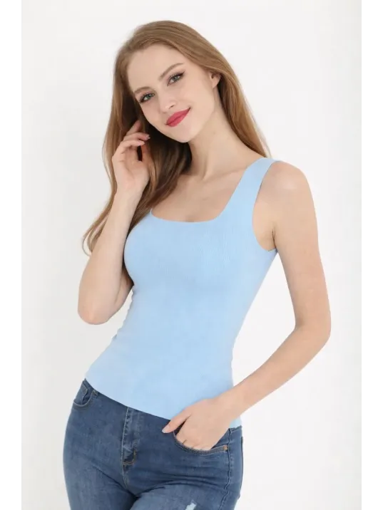 Kadın Kare Yaka Detay Crop - Mavi