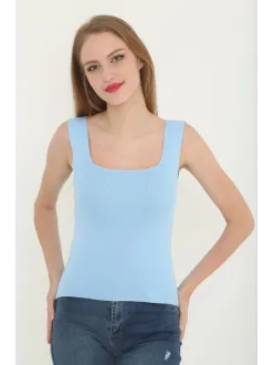 Kadın Kare Yaka Detay Crop - Mavi