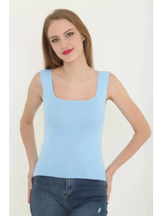 Kadın Kare Yaka Detay Crop - Mavi