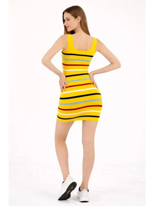 Kadın Kare Yaka Midi Boy Likralı Polelit Elbise - Sarı