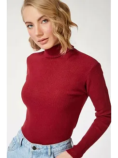 Kadın Kaşkorse Boğazlı Full Likralı Fitilli Body Kazak - Bordo