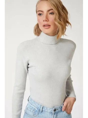 Kadın Kaşkorse Boğazlı Full Likralı Fitilli Body Kazak - Gri Kadın Kaşkorse Boğazlı Full Likralı Fitilli Body Kazak - Gri