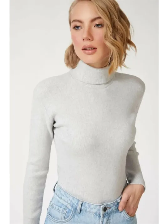 Kadın Kaşkorse Boğazlı Full Likralı Fitilli Body Kazak - Gri Kadın Kaşkorse Boğazlı Full Likralı Fitilli Body Kazak - Gri