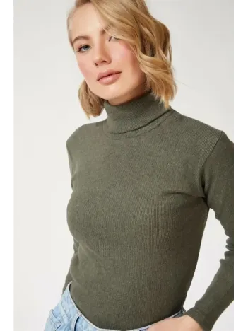 Kadın Kaşkorse Boğazlı Full Likralı Fitilli Body Kazak - Haki Kadın Kaşkorse Boğazlı Full Likralı Fitilli Body Kazak - Haki