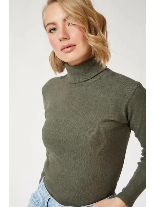 Kadın Kaşkorse Boğazlı Full Likralı Fitilli Body Kazak - Haki Kadın Kaşkorse Boğazlı Full Likralı Fitilli Body Kazak - Haki