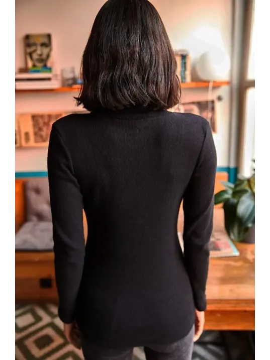 Kadın Kaşkorse Boğazlı Full Likralı Fitilli Body Kazak - Siyah Kadın Kaşkorse Boğazlı Full Likralı Fitilli Body Kazak - Siyah