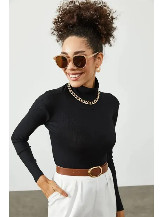 Kadın Kaşkorse Boğazlı Full Likralı Fitilli Body Kazak - Siyah Kadın Kaşkorse Boğazlı Full Likralı Fitilli Body Kazak - Siyah