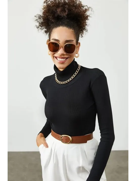 Kadın Kaşkorse Boğazlı Full Likralı Fitilli Body Kazak - Siyah Kadın Kaşkorse Boğazlı Full Likralı Fitilli Body Kazak - Siyah