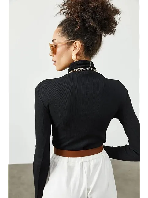 Kadın Kaşkorse Boğazlı Full Likralı Fitilli Body Kazak - Siyah