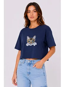 Kadın Kedi Baskılı Oversize Crop Tişört Salaş Basic Yarım Kol T-shirt - Lacivert