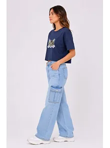 Kadın Kedi Baskılı Oversize Crop Tişört Salaş Basic Yarım Kol T-shirt - Lacivert Kadın Kedi Baskılı Oversize Crop Tişört Salaş Basic Yarım Kol T-shirt - Lacivert