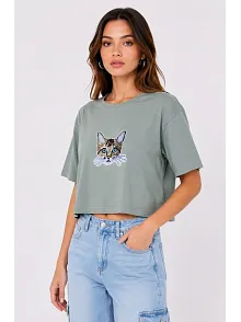 Kadın Kedi Baskılı Oversize Crop Tişört Salaş Basic Yarım Kol T-shirt - Mint Yeşili