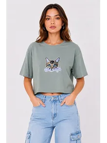 Kadın Kedi Baskılı Oversize Crop Tişört Salaş Basic Yarım Kol T-shirt - Mint Yeşili Kadın Kedi Baskılı Oversize Crop Tişört Salaş Basic Yarım Kol T-shirt - Mint Yeşili