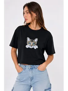Kadın Kedi Baskılı Oversize Crop Tişört Salaş Basic Yarım Kol T-shirt - Siyah Kadın Kedi Baskılı Oversize Crop Tişört Salaş Basic Yarım Kol T-shirt - Siyah