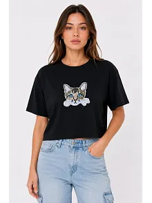 Kadın Kedi Baskılı Oversize Crop Tişört Salaş Basic Yarım Kol T-shirt - Siyah