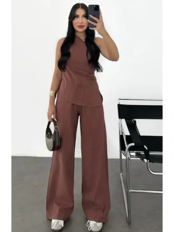 Kadın Keten Asimetrik Tek Omuzlu Bluz Pantalon Takım- Bordo