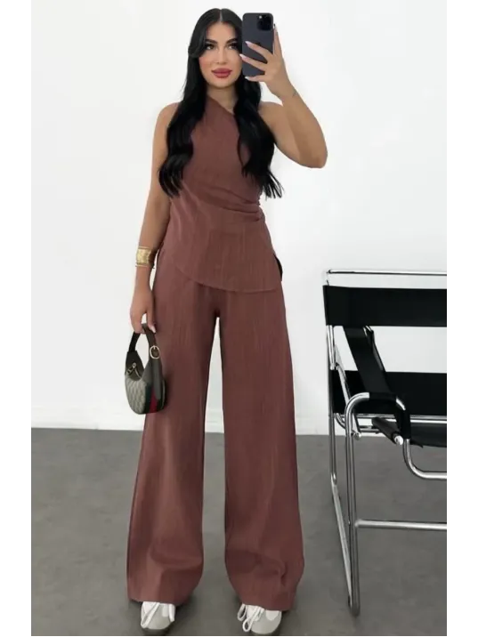 Kadın Keten Asimetrik Tek Omuzlu Bluz Pantalon Takım- Bordo Kadın Keten Asimetrik Tek Omuzlu Bluz Pantalon Takım- Bordo