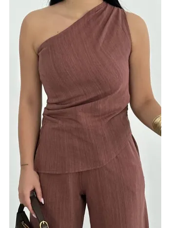 Kadın Keten Asimetrik Tek Omuzlu Bluz Pantalon Takım- Bordo Kadın Keten Asimetrik Tek Omuzlu Bluz Pantalon Takım- Bordo