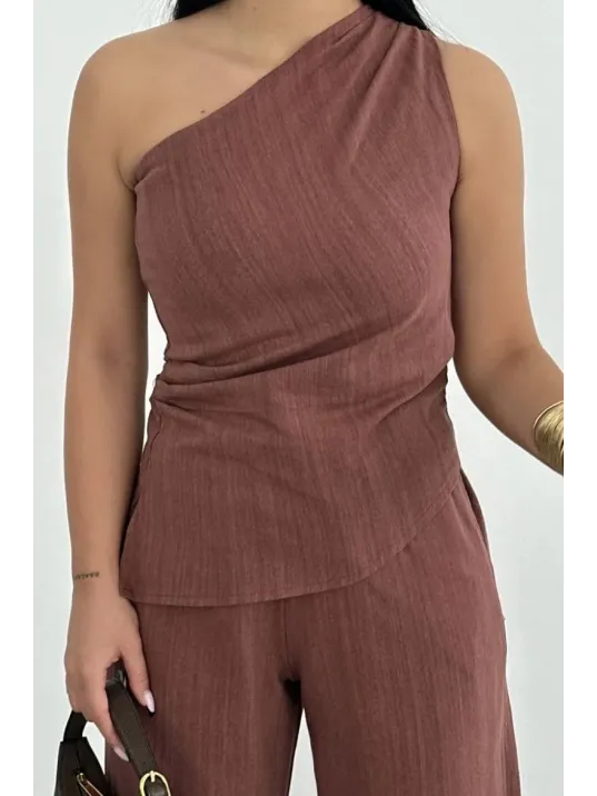 Kadın Keten Asimetrik Tek Omuzlu Bluz Pantalon Takım- Bordo Kadın Keten Asimetrik Tek Omuzlu Bluz Pantalon Takım- Bordo