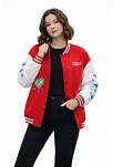Kadın Kırmızı Varsity Çıtçıtlı Baskılı Oversize Kalıp Kolej Ceket - Kırmızı