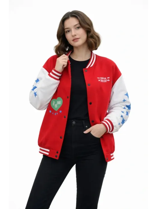 Kadın Kırmızı Varsity Çıtçıtlı Baskılı Oversize Kalıp Kolej Ceket - Kırmızı