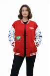 Kadın Kırmızı Varsity Çıtçıtlı Baskılı Oversize Kalıp Kolej Ceket - Kırmızı