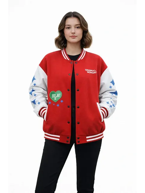 Kadın Kırmızı Varsity Çıtçıtlı Baskılı Oversize Kalıp Kolej Ceket - Kırmızı