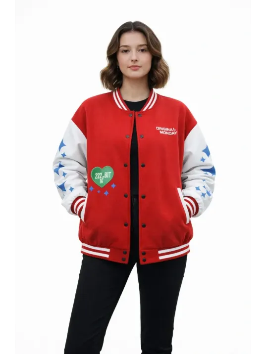 Kadın Kırmızı Varsity Çıtçıtlı Baskılı Oversize Kalıp Kolej Ceket - Kırmızı