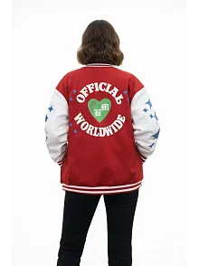Kadın Kırmızı Varsity Çıtçıtlı Baskılı Oversize Kalıp Kolej Ceket - Kırmızı