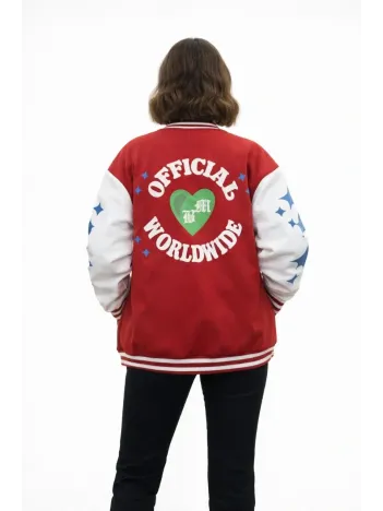 Kadın Kırmızı Varsity Çıtçıtlı Baskılı Oversize Kalıp Kolej Ceket - Kırmızı Kadın Kırmızı Varsity Çıtçıtlı Baskılı Oversize Kalıp Kolej Ceket - Kırmızı