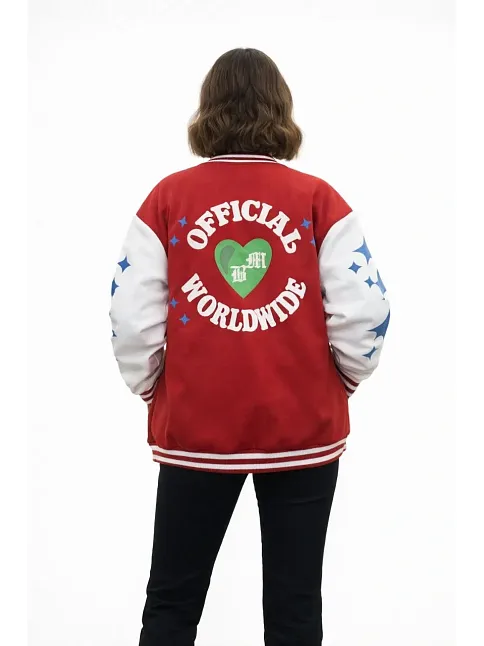 Kadın Kırmızı Varsity Çıtçıtlı Baskılı Oversize Kalıp Kolej Ceket - Kırmızı