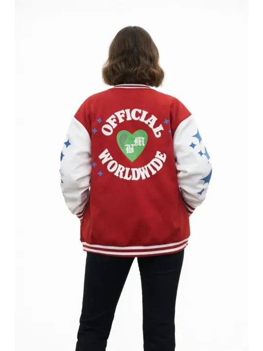 Kadın Kırmızı Varsity Çıtçıtlı Baskılı Oversize Kalıp Kolej Ceket - Kırmızı