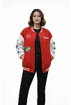 Kadın Kırmızı Varsity Çıtçıtlı Baskılı Oversize Kalıp Kolej Ceket - Kırmızı