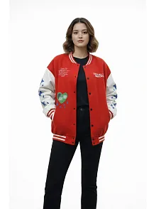 Kadın Kırmızı Varsity Çıtçıtlı Baskılı Oversize Kalıp Kolej Ceket - Kırmızı