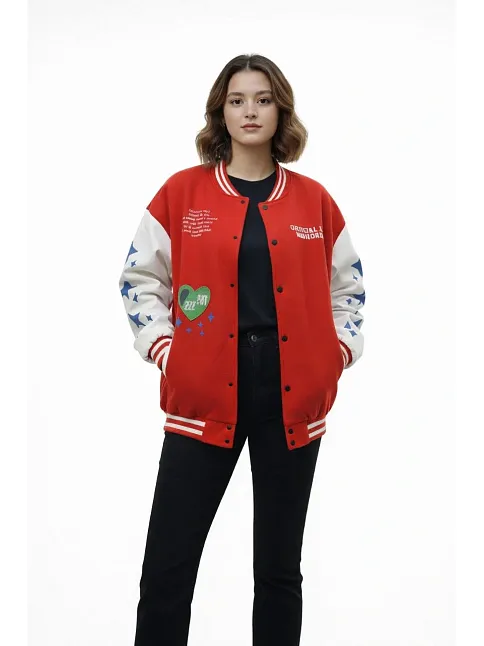 Kadın Kırmızı Varsity Çıtçıtlı Baskılı Oversize Kalıp Kolej Ceket - Kırmızı