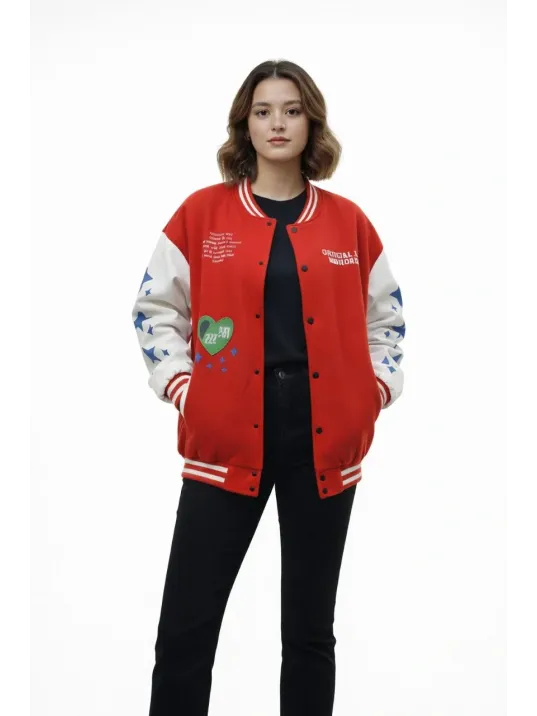 Kadın Kırmızı Varsity Çıtçıtlı Baskılı Oversize Kalıp Kolej Ceket - Kırmızı
