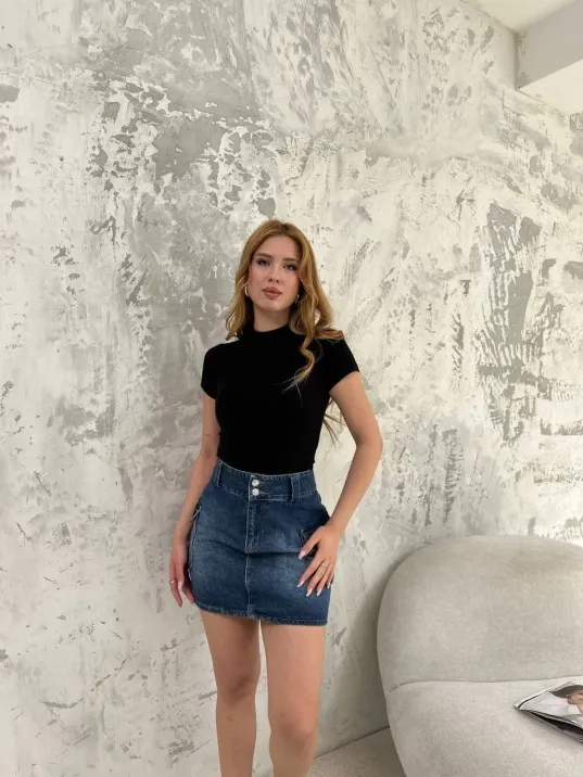 Kadın Kısa Kol Badi Bluz - Siyah