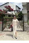 Kadın Kısa Kollu Uzun Yandan Yırtmaçlı Elbise - Bej