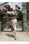 Kadın Kısa Kollu Uzun Yandan Yırtmaçlı Elbise - Bej