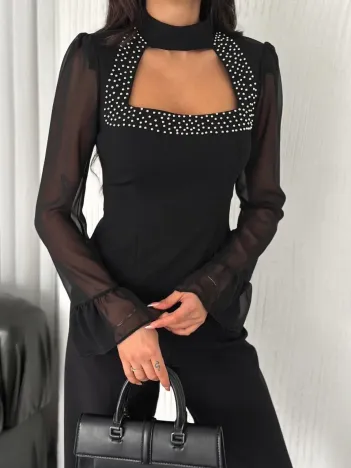 Penye Uzun Kollu Kadın Kolları Şifon Göğüste İnci Boncuk detaylı Bluz - Siyah Penye Uzun Kollu Kadın Kolları Şifon Göğüste İnci Boncuk detaylı Bluz - Siyah